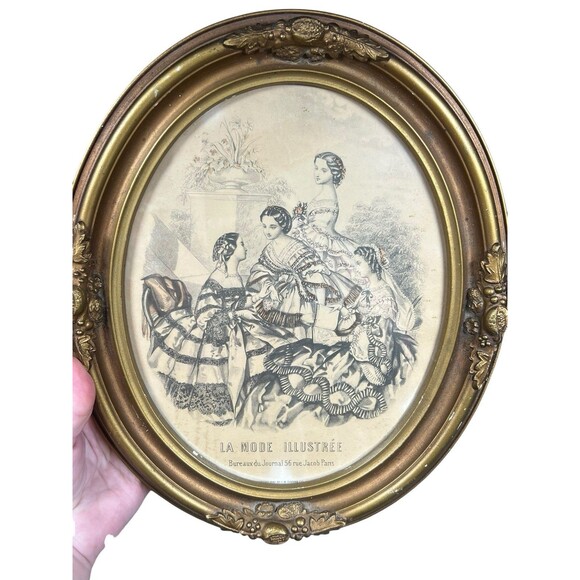 Antique VTG La Mode Illustree Paris French Fashion Framed Art Print Lot‎ of 2 - Picture 2 of 9
